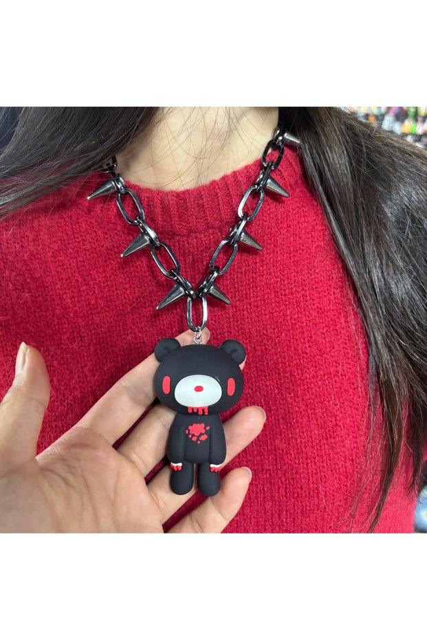 black Edgy necklace with spiked chain & cute gothic bear pendant. Bold style.