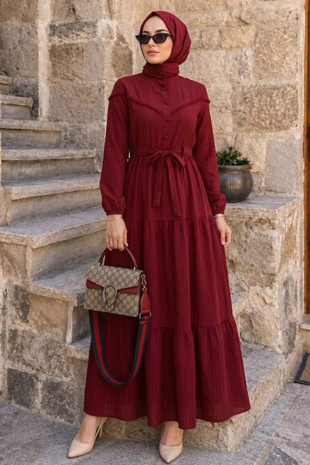 Buttoned Burgundy Hijab Dress 10213Br