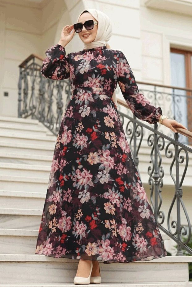 Floral Patterned Black Hijab Dress 27979S