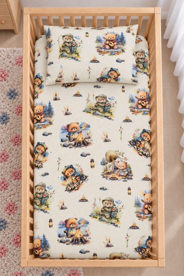 100% Cotton Mother's Side - Park Bed Camper Baby Elastic Sheet Set with Teddy Bear - 2 Pillowcases 60X120 / 70X120 / 70X110