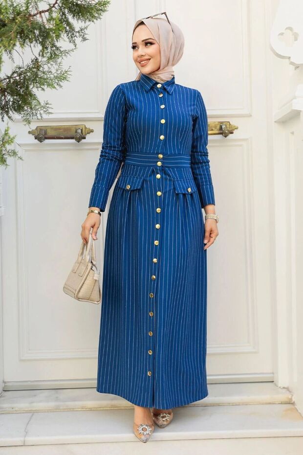 Striped Indigo Blue Hijab Dress 23051IM