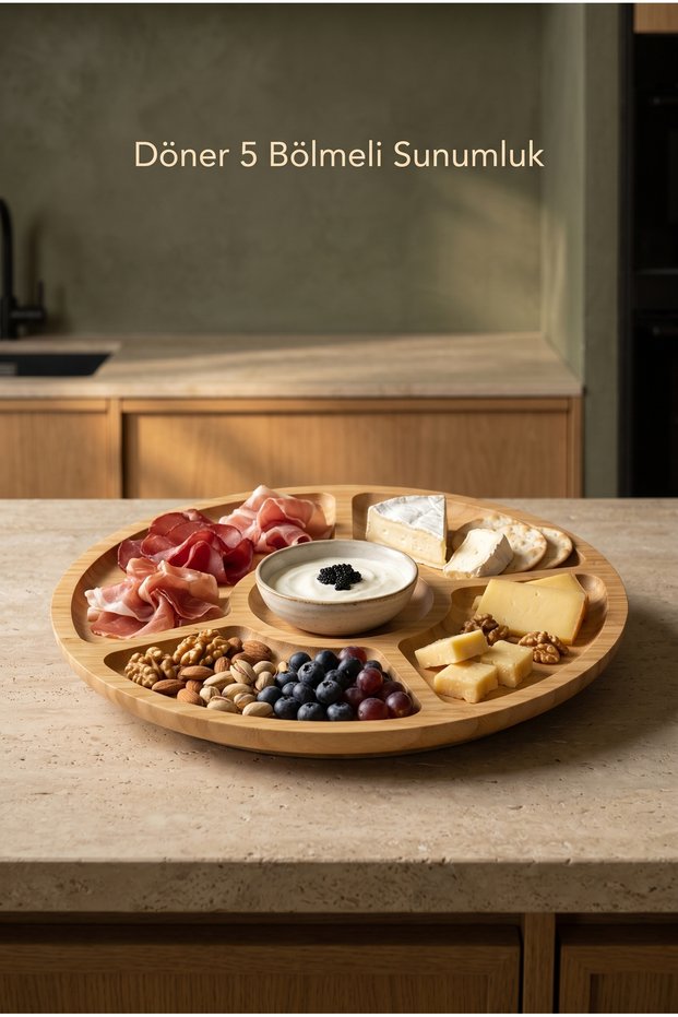 100% Bamboo Presentation Plate with 360 Degree Rotation - 5-Compartment Luxury Breakfast Snack and Serving Plate