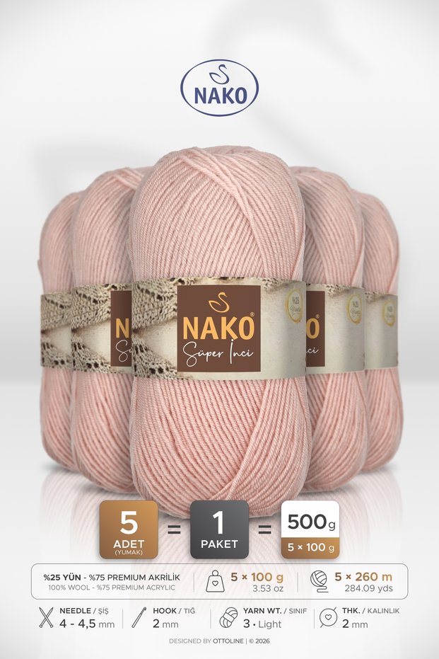 Super Pearl • Light Powder Pink (1479) • 5-Pack × 100 Gr / 260 m • Wool Blend Hand Knitting Yarn • Scarf, Vest, Sweater