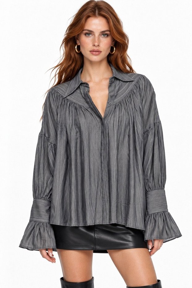 Anthracite Women's Oversized Gathered Off-Shoulder Textured Shirt - Cuff Detail