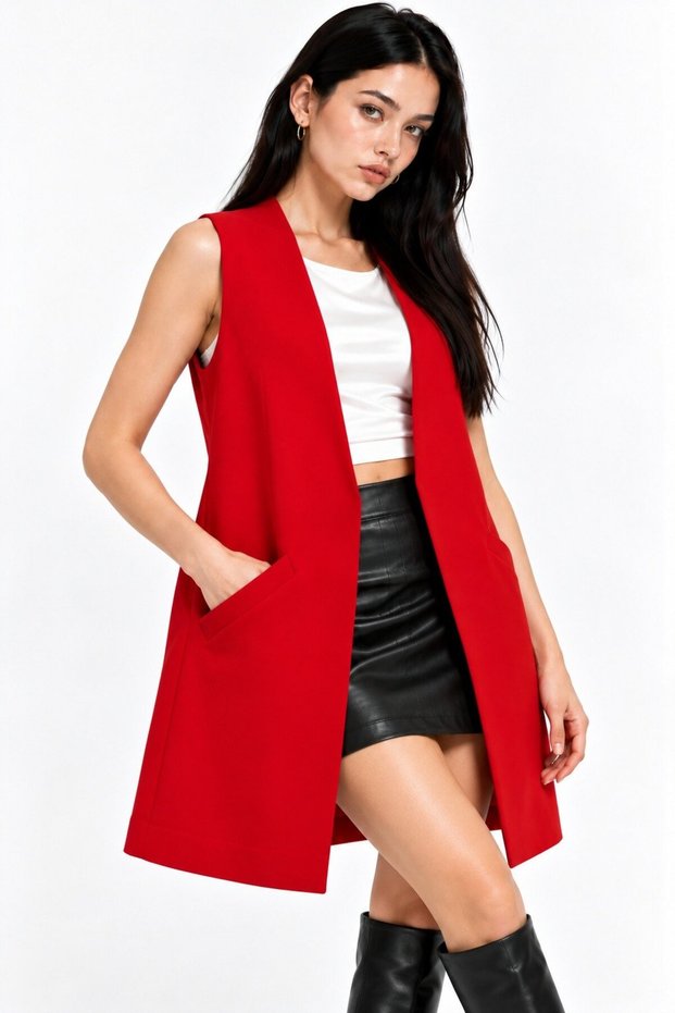 Red Women's V-Neck Agraf Closure Relaxed Fit Pocketed Woven Long Vest