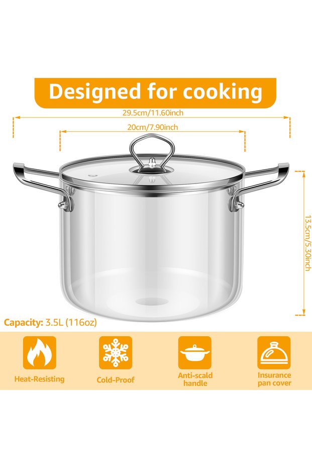 3.5L Glass Cooking Pot 2.5L/3.5L Heat Resistant Simmer Pot Dual Handles Pots with Pot Lid Borosilica