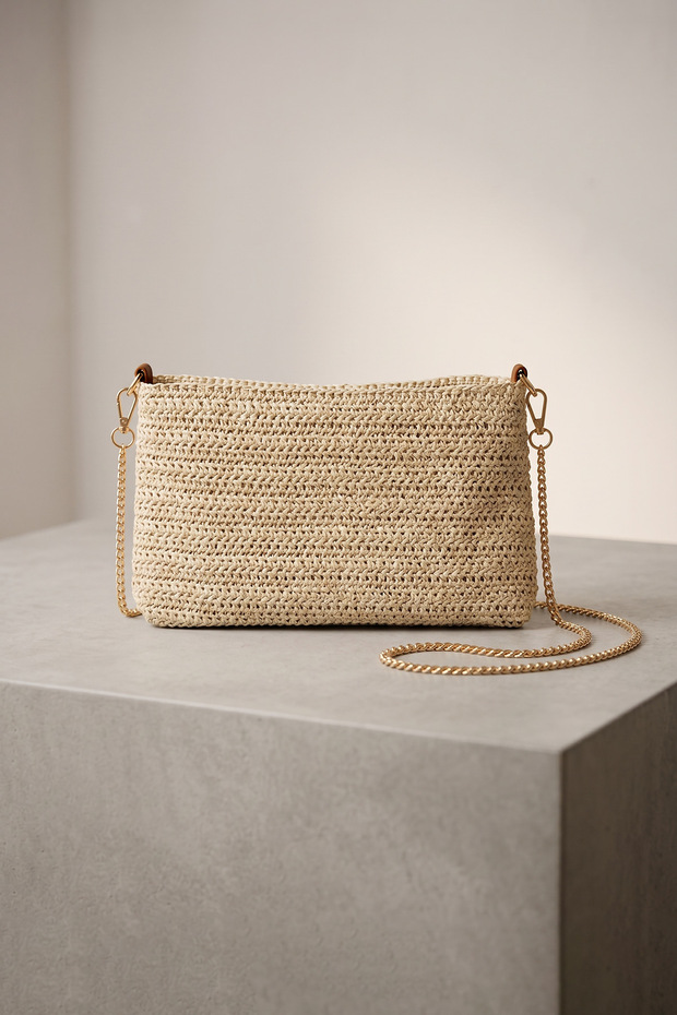 Wicker Portfolio Clutch Bag with Chain Strap