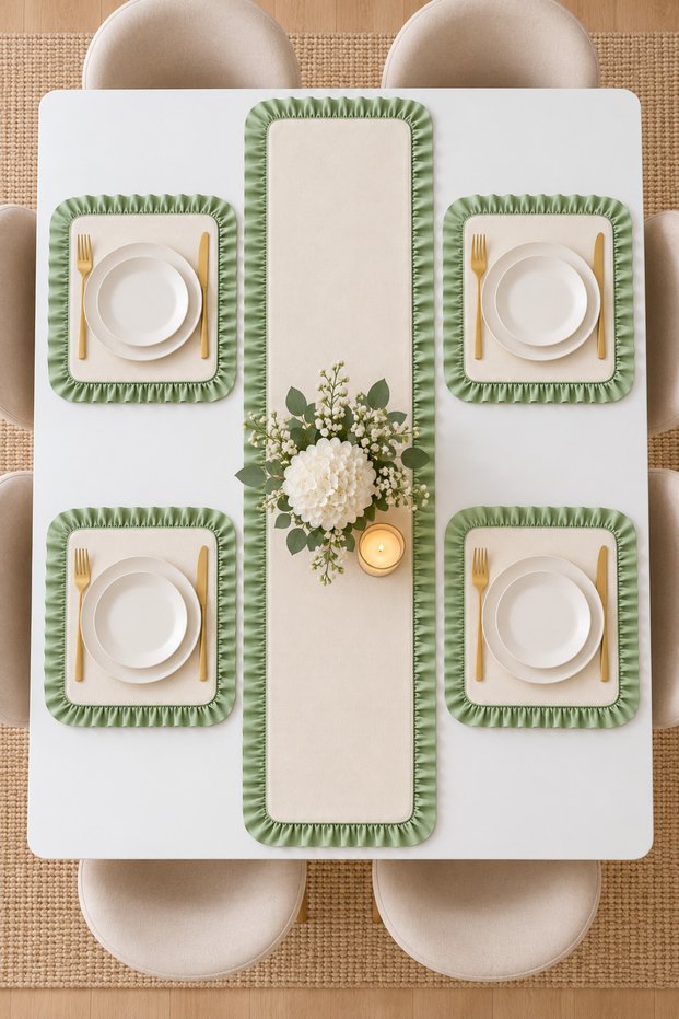 4-Person Ruffled Runner Set – 4 Square Placemats, 5-Piece Stylish Table Set