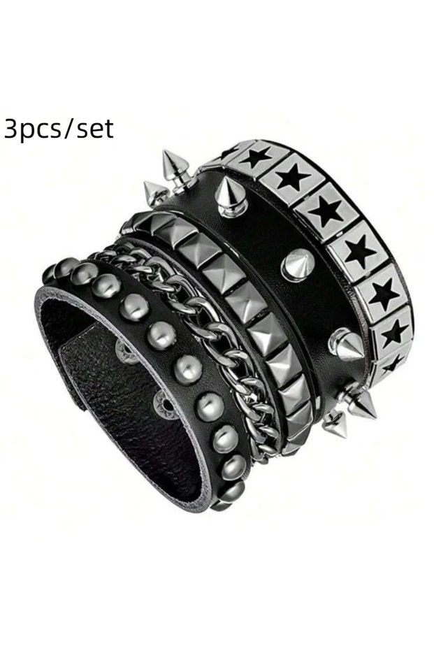 A6 Hot Sale 1 Set Punk Bracelets For Men Women Punk Gothic Spike Rivets PU Leather Bracelet Bangles