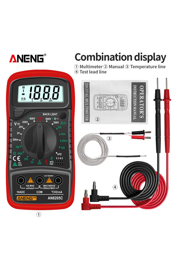 ANENG AN8205C Red ANENG AN8205C Portable Digital Multimeter AC/DC Voltage Current Resistance Tester