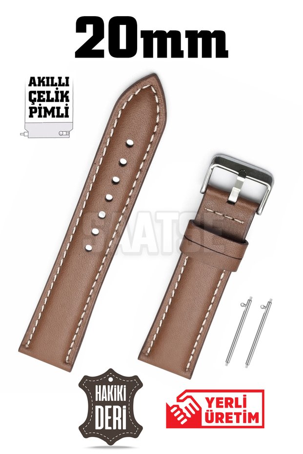 20mm Light Brown Tan Genuine Leather Watch Band Strap with Smart Pins