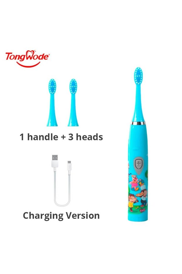 Blue With 3 Heads Children Sonic Electric Toothbrush Colorful Cartoon For Kids USB Rechargeable Soft