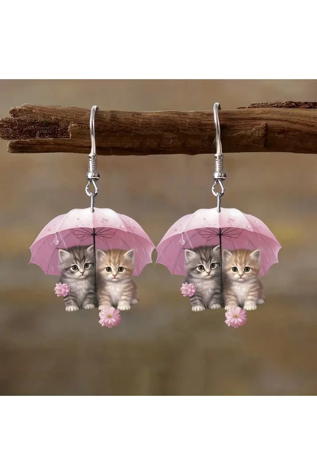 Steel color 1 pair of cute umbrella kitty acrylic earrings, romantic cat lady earrings gift, the per