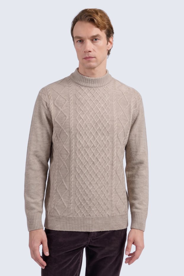 Mink Regular Fit Jacquard Quarter Turtleneck Sweater