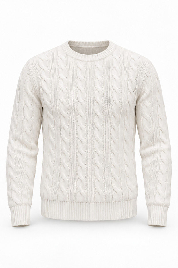 Leone Anti-Peeling Anti-Pilling Hairless Knitted Crew Neck Men's Sweater - Ecru