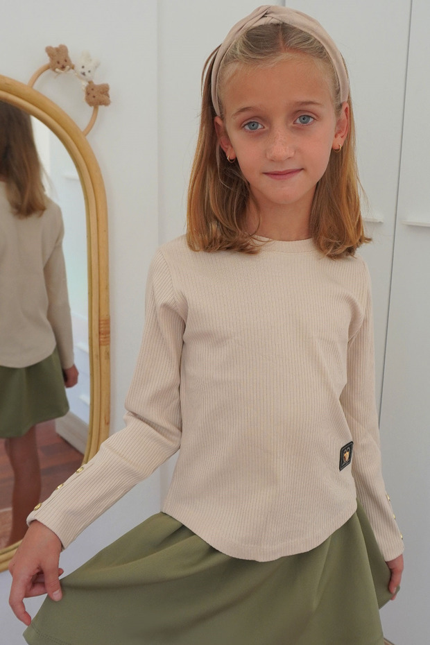 Girl's Long Sleeve T-Shirt with Heart Embroidery on Sleeves and Button Accessory Detail, Ages 9-14, Beige