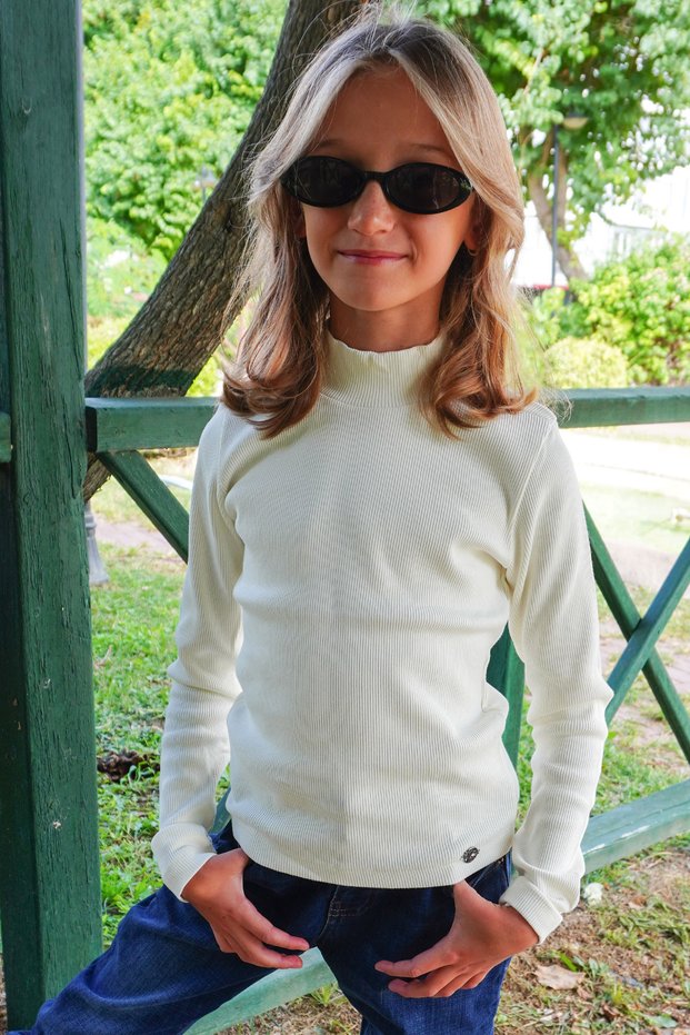 Locoloco Girls' Long Sleeve T-Shirt Mock Neck Basic 9-14 Years Old, Ecru
