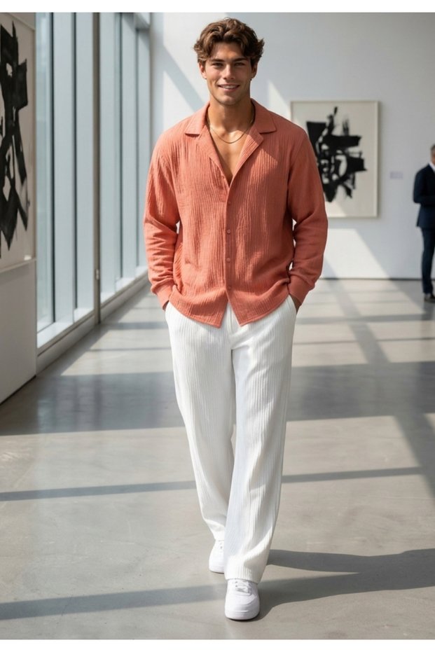 Men's Pink Crinkled Shirt and White Pants, Crinkled Set.