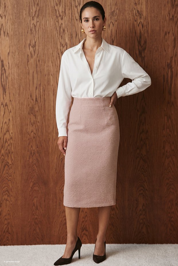 Midi Length Tweed Skirt - Powder
