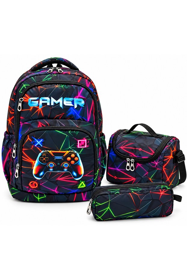 Set of 3 Boys' Primary School Backpacks with Character Pattern Black Set Primary School Bag