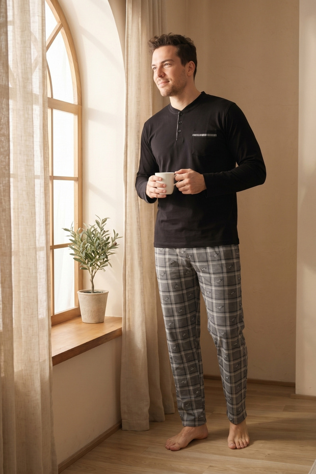 Men's Pajama Set Long Sleeve Buttoned Collar Pocketed Striped Bottom Compact Combed Cotton Home Wear Tracksuit Set