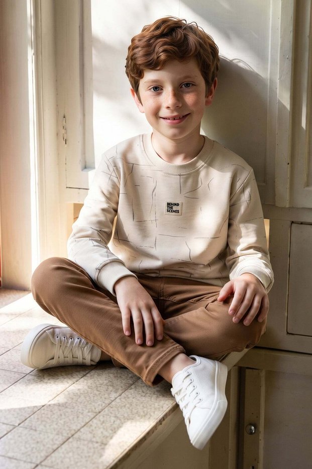 Patterned Embossed Printed Crew Neck Boys' Sweatshirt