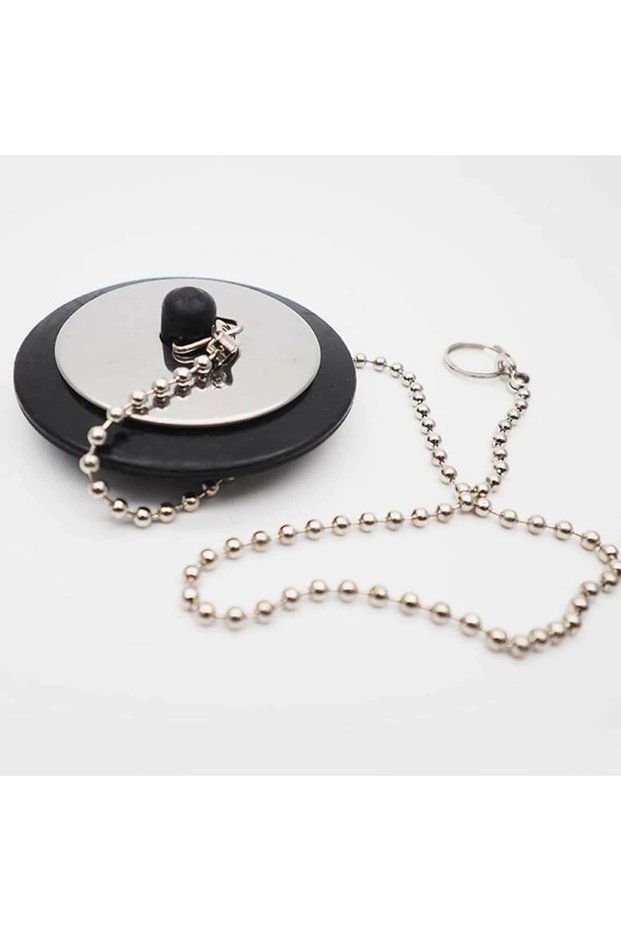 black 1pc Durable Rubber Bathtub Drain Stopper With Chain, Universal Sink Plug Strainer, Lightweight