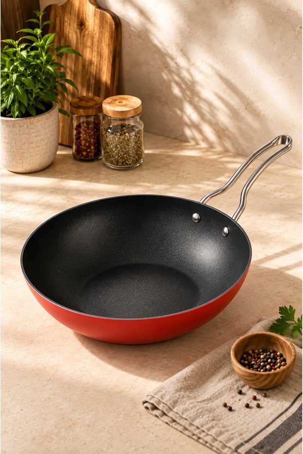 Pro Plus 24 cm Titanium-Coated Wok Pan, Red, Non-Stick, and Heat-Resistant Frying Pan.