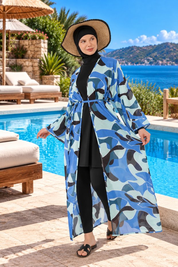 Patterned Pareo on Hijab Swimsuit