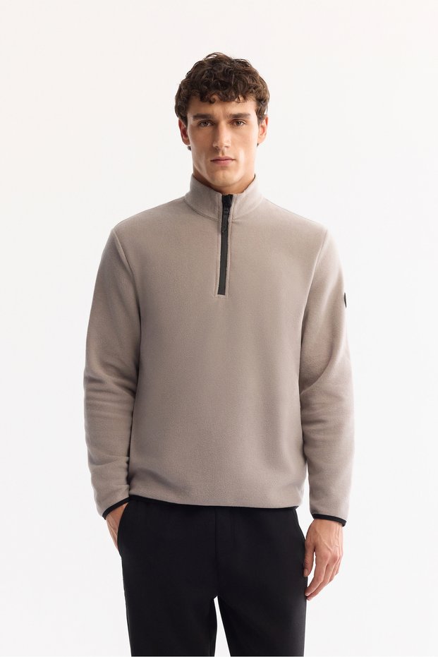 Men's Gray Cold Resistant Half Zipper Stand Collar Fleece Sweatshirt E 001068