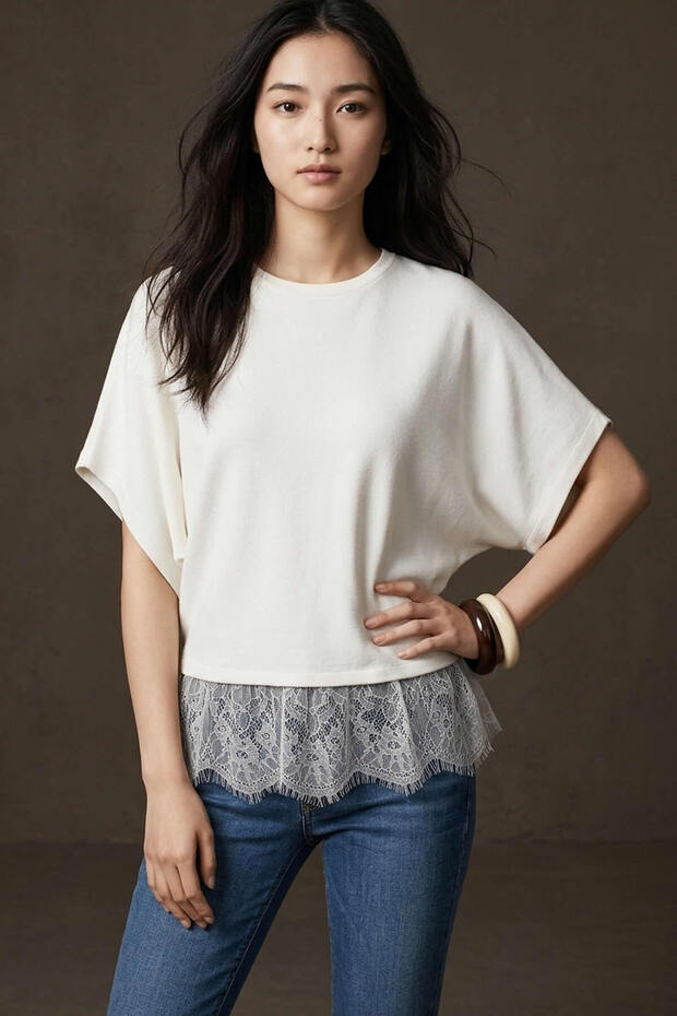 Jers Ultra Soft Textured Lace Detailed Bat Sleeve Women's Top & Women's Lace Blouse & Knitwear Sweater - Ecru