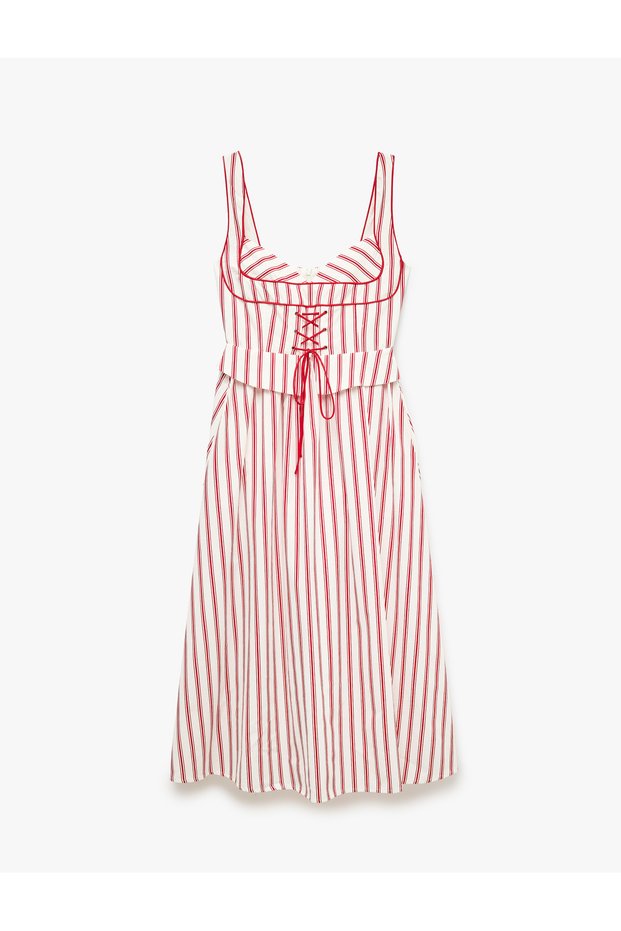 Loose Cut Square Neck Cotton Striped Strap Long Dress