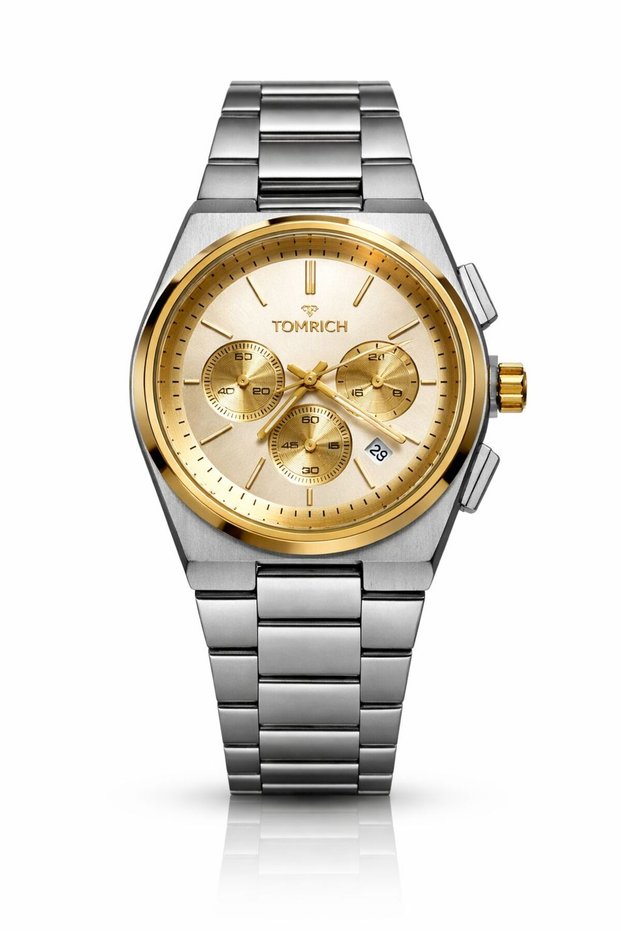VANTOR CHRONEX Men's Luxury Quartz Watch, Gold Dial, Silver Gold Stainless Steel Strap, Multifunction Date Display, Premium Watch, Gift for Men, TR1009M-SG