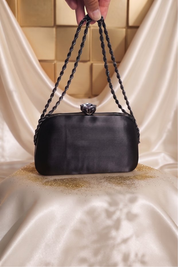 Glittery Twisted Chain Portfolio Special Wedding Engagement Clutch Evening Dress Women's Bag Black