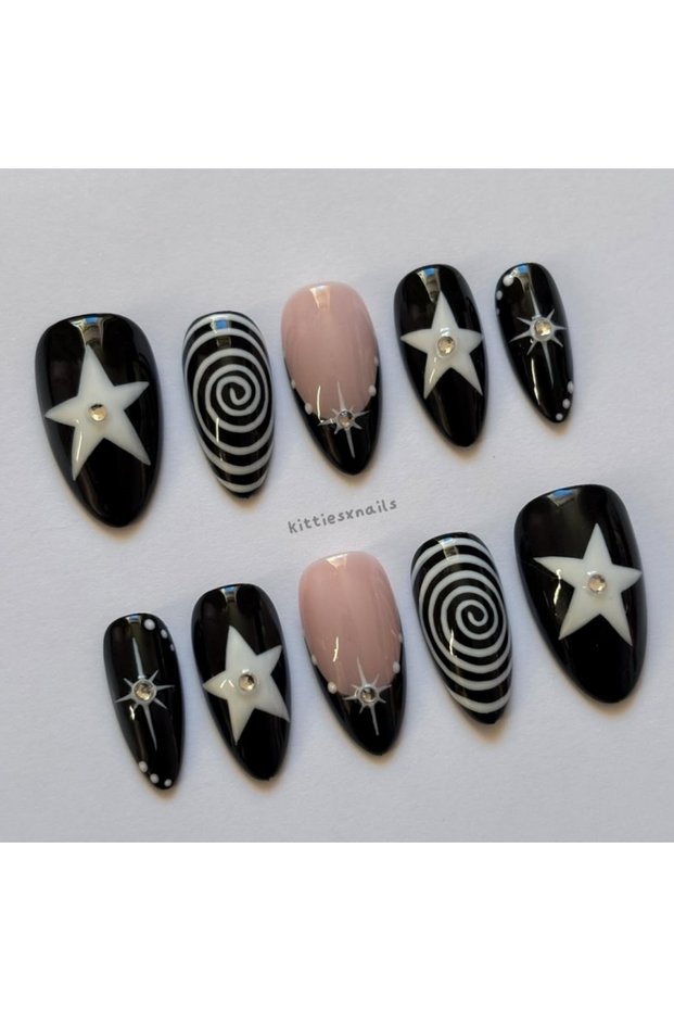 QXXX-S 10 Pieces of Hand-Pressed Almond-Shaped Nails, Beautiful False Nails, Featuring Black Swirl P