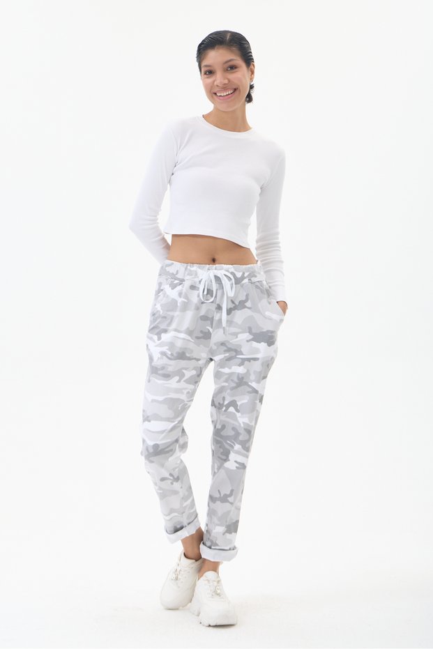 Women's White Italian Camouflage Print Stretch Fabric Pants, Sizes 38–46
