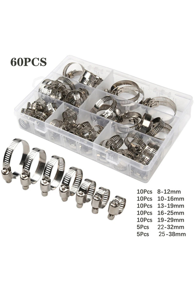 60pcs 8-38mm Adjustable Stainless Steel Screw Band Hose Clamps Car Fuel Hose Clamps Pipe Clamp Worm