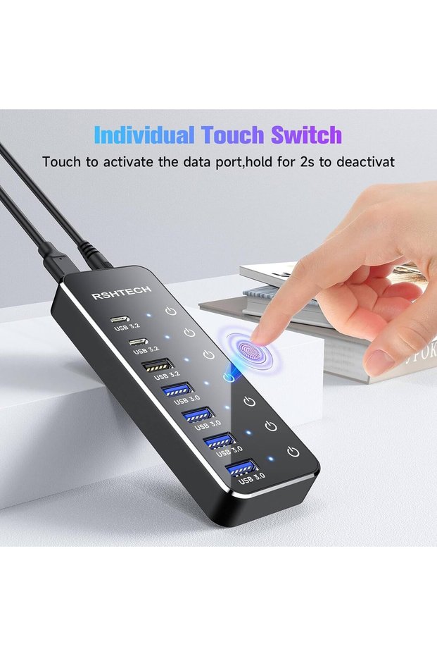 US Plug Adapter RSHTECH 7-Port Powered USB C Hub with 10Gbps USB-C 3.2 Ports Individual Touch Switch