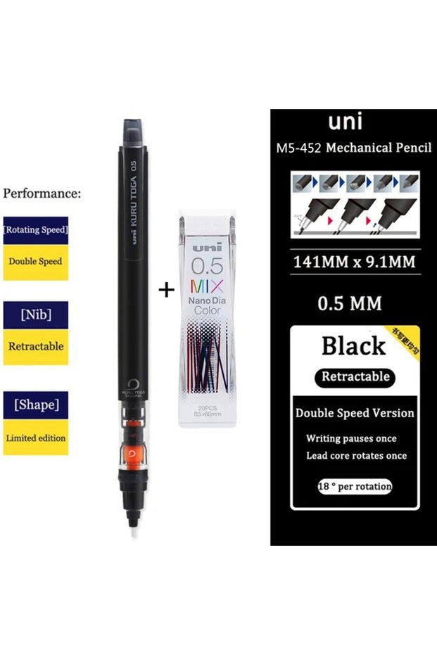 1Black 1refill Japan UNI Mechanical Pencil KURUTOGA 0.5mm Non Breakable Lead Drawing Activity Pencil