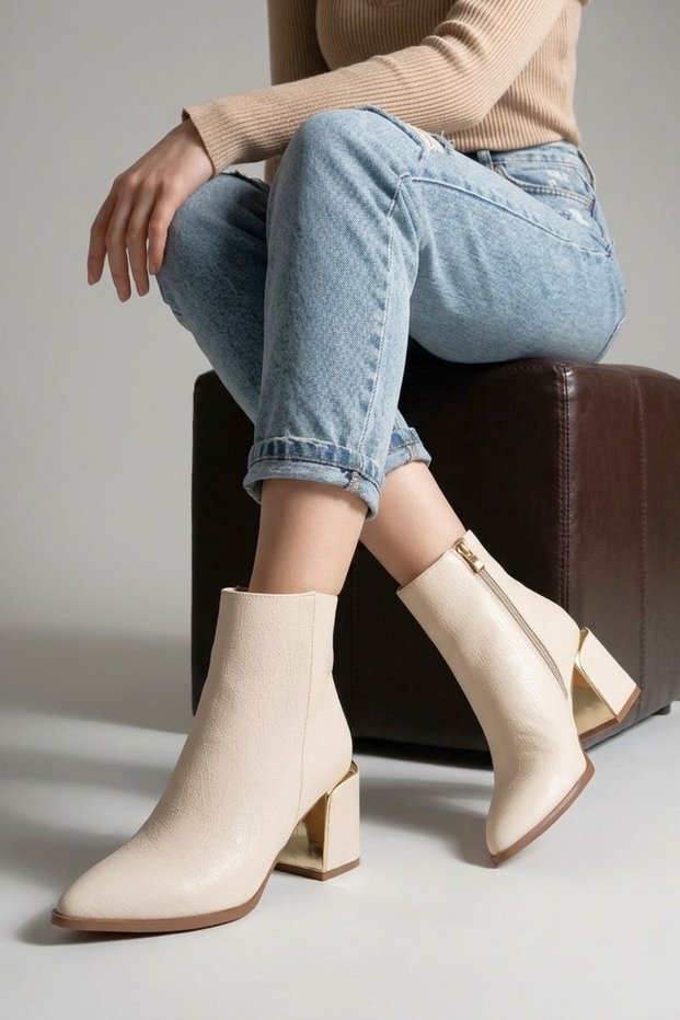 ZRİN-410 Premium Beige Zip-Up Boots for Women, 7 cm