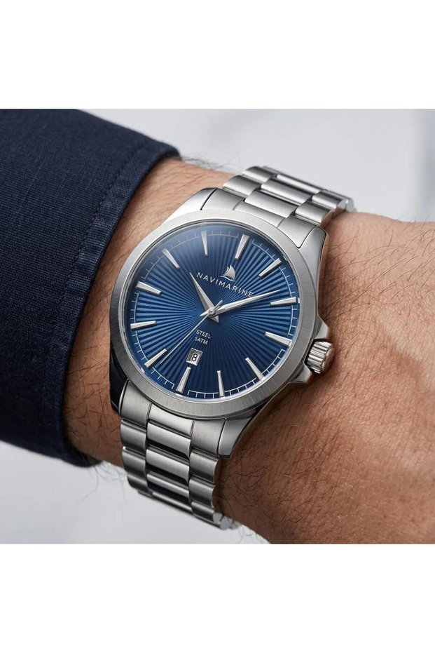 Men's Watch with Silver Steel Strap, Calendar, and Navy Blue Dial—2-Year Warranty—L-NT0024-3