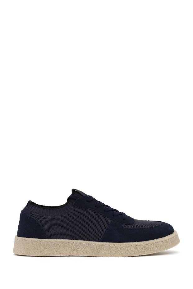 Men's Navy Blue Lace-Up Suede Leather Sneaker Wm68006565