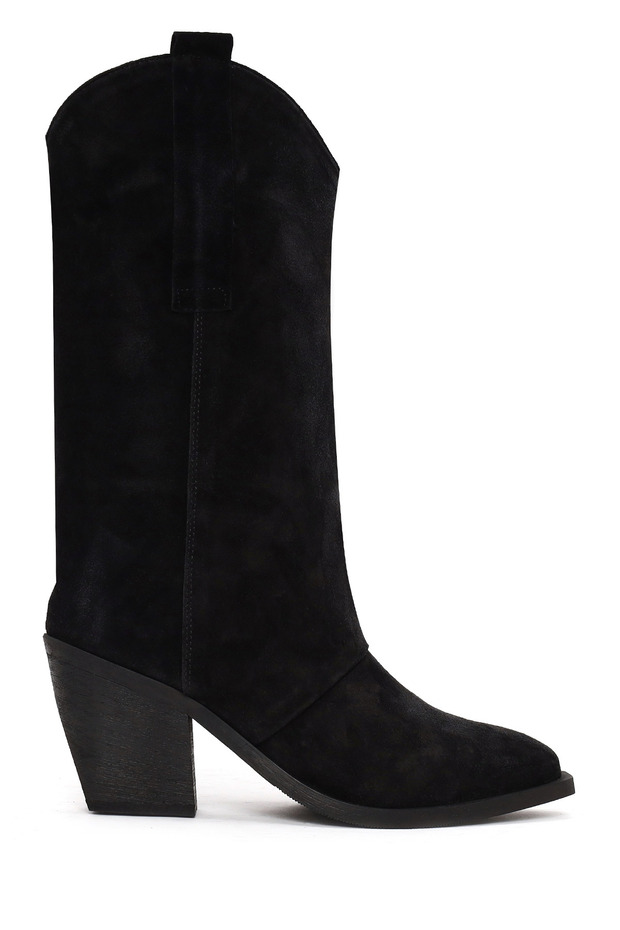 Women's Black Thick Heeled Suede Leather Boots Wf190066Ds