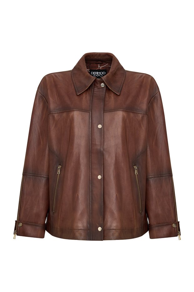 Britney Women's Brown Shirt Collar Oversized Leather Coat 25Wge5629Nc
