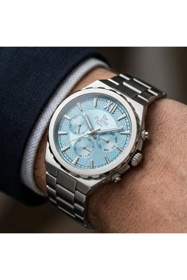 SILVER-COLORED ICE-BLUE MEN'S WATCH WITH ACTIVE FUNCTIONS