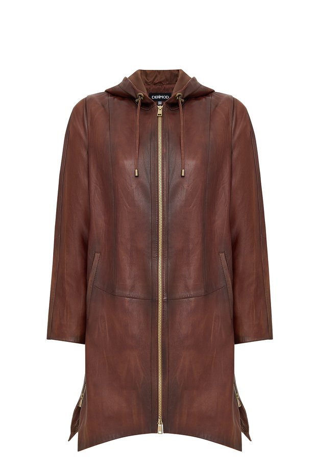 Daniela Women Brown Hooded Long Oversized Leather Coat 25Wge5328Nc
