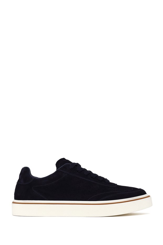 Men's Navy Blue Lace-Up Suede Leather Sneaker 26SFD611610
