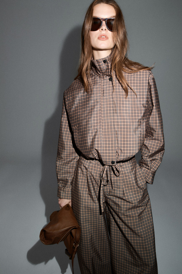Briar women's zippered hem cropped brown-plaid jacket with drawstring detail