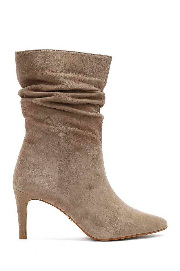 Women's Beige Thin Heeled Suede Leather Boots Af210004Ds
