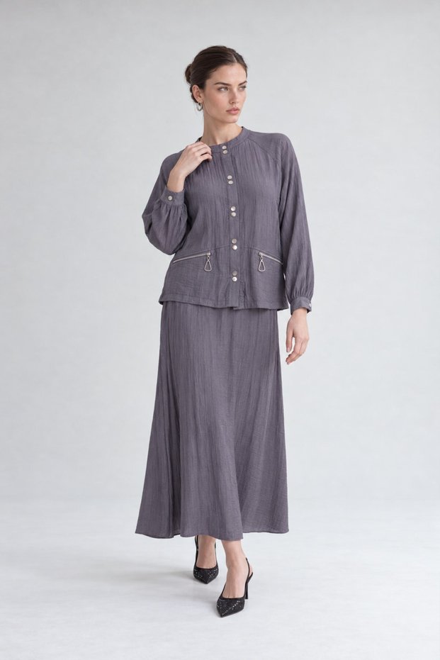 Two-Button Skirt Suit with Buckle Detail in Anthracite